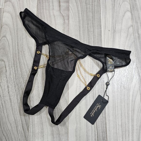 Frederick's of Hollywood Black Mesh Panties with Gold Chains and Open Back - Picture 1 of 4